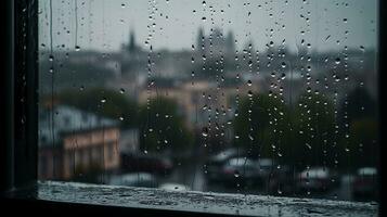 Raindrops over the window with buildings of the city in the background AI Generated photo