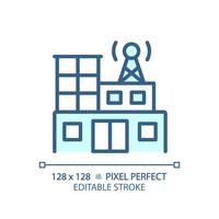 2D pixel perfect editable blue radio station building icon, isolated vector, thin line illustration representing journalism. vector