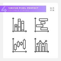 Stock market linear icons set. Money charts. Investment strategy. Financial data. Trading company. Customizable thin line symbols. Isolated vector outline illustrations. Editable stroke