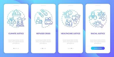 Social justice examples blue gradient onboarding mobile app screen. Walkthrough 4 steps graphic instructions with linear concepts. UI, UX, GUI template vector