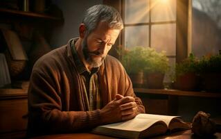 Middle aged man reading the Bible and praying in his house. AI Generative photo
