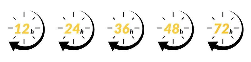 hora icono con 12 y 24 reloj formatos, para 48h o 72h rápido entrega y especial día ventas. incluye Temporizador, flecha, y abierto efectos plano vector ilustraciones aislado en antecedentes.