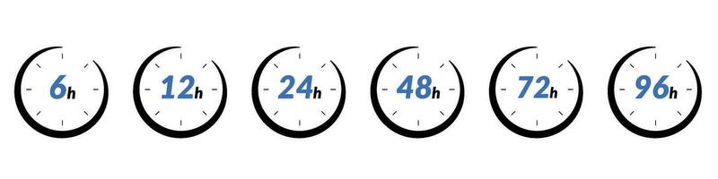 24h and 48h fast delivery time icon. Clock showing 12 and 6 hours, for sale and fast delivery logo. Represents 24, 36, and 72 hrs. Flat vector illustrations isolated in background.