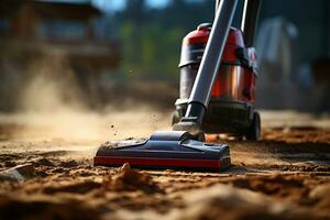 Cleaning dirty old carpet with a vacuum cleaner universal nozzle AI Generated photo