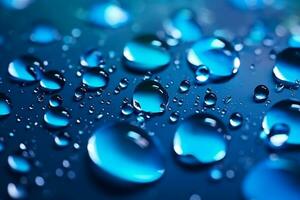 Mystical water drops on a deep blue canvas with gradient and luminous highlights. AI Generated photo