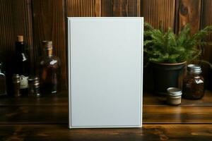 Black e book with white blank screen, viewed from above, on dark wood AI Generated photo