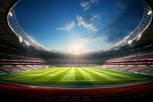 Virtual arena, 3D rendered stadium houses vibrant, packed soccer field AI Generated photo