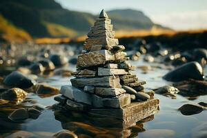 Maritime monument Sea coast stones form a pyramid, echoing ancient traditions by waves AI Generated photo