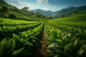 brotante maíz líneas privado campo, lozano verde filas gracia agrícola paisaje ai generado foto