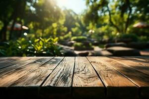 Empty wooden table for product display montages in the park with nature background AI Generated photo