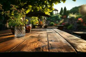 Rustic presentation space Empty wooden table offers park setting for product montages AI Generated photo
