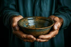 Hands hold empty bowl, portraying the harshness of hunger and economic hardship AI Generated photo