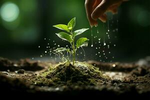 ciclo de naturaleza mano asperja suelo en verde Bokeh, plantando o remembranza concepto ai generado foto