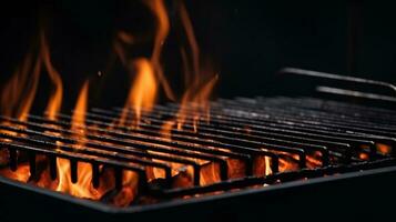 Empty barbecue Grill With Fire Flames. Black cooking grill background AI Generated photo