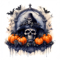 Creepy Halloween skull with pumpkins on transparent background png