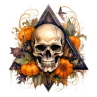 Creepy Halloween skull with pumpkins on transparent background png