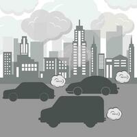 aire contaminación ambiente a ciudad, vehículo tráfico y tóxico contaminación. coche con carbón dióxido nubes plano vector ilustración.