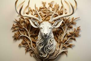 A majestic reindeer low relief sculpture against a serene snowy white background evoking the magic of winter photo