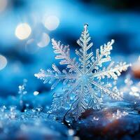 A close-up shot captures intricately detailed snowflakes resting gently on a shimmering icy blue surface photo