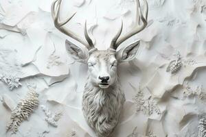 A close-up photo of a reindeer low relief sculpture on a snowy white background with empty space for text