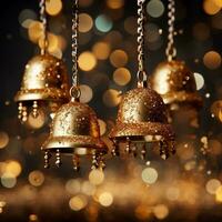 A collection of golden bell ornaments hanging on a glittery gradient background radiating elegance and festive cheer photo