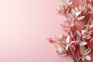 A close-up shot of delicate mistletoe leaves on a light blush pink background creating a subtle yet festive ambiance photo