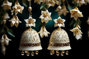 Golden bells gently dangle their intricate low relief patterns shining on the glittering background mesmerizing with festive elegance photo