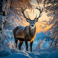 A majestic reindeer silhouette stands out against a pristine snowy landscape capturing the essence of winter tranquility photo