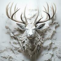 A close-up photo of a reindeer low relief sculpture on a snowy white background with empty space for text