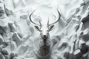 A close-up photo of a reindeer low relief sculpture on a snowy white background with empty space for text