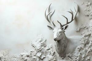 A close-up photo of a reindeer low relief sculpture on a snowy white background with empty space for text