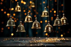 A collection of golden bell ornaments hanging on a glittery gradient background radiating elegance and festive cheer photo