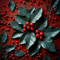 A close-up shot of intricately designed holly leaves with low relief against a festive red background providing empty space for text photo