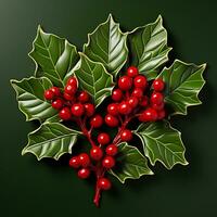 Three holly leaves in low relief with vibrant green coloring arranged on a gradient red background symbolizing festive holiday cheer photo
