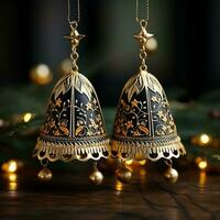 Golden bells gently dangle their intricate low relief patterns shining on the glittering background mesmerizing with festive elegance photo
