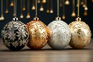 Festive ornaments in gold and silver with intricate low relief designs glimmering on a gradient background photo