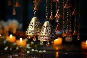 Golden bells gently dangle their intricate low relief patterns shining on the glittering background mesmerizing with festive elegance photo