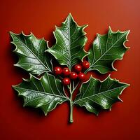 Three holly leaves in low relief with vibrant green coloring arranged on a gradient red background symbolizing festive holiday cheer photo