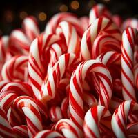 A close-up shot of candy canes arranged on peppermint striped backgrounds with empty space for text photo