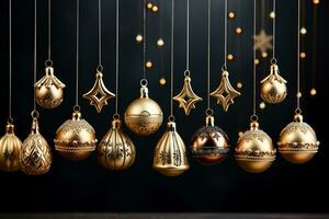 A collection of golden bell ornaments hanging on a glittery gradient background radiating elegance and festive cheer photo