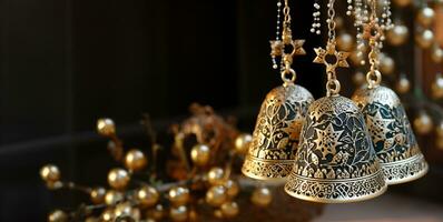 A close-up of bell ornaments with intricate low relief designs on shimmering golden glitter backgrounds adding a touch of elegance photo