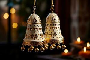 Golden bells gently dangle their intricate low relief patterns shining on the glittering background mesmerizing with festive elegance photo