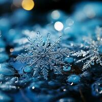 A close-up shot captures intricately detailed snowflakes resting gently on a shimmering icy blue surface photo