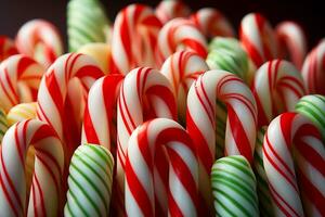 A close-up of colorful candy canes arranged in a low relief pattern against peppermint striped backgrounds photo