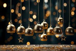 A collection of golden bell ornaments hanging on a glittery gradient background radiating elegance and festive cheer photo