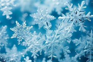 Delicate snowflakes dance on icy blue backgrounds creating a mesmerizing low relief in a winter wonderland photo