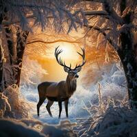 A majestic reindeer silhouette stands out against a pristine snowy landscape capturing the essence of winter tranquility photo