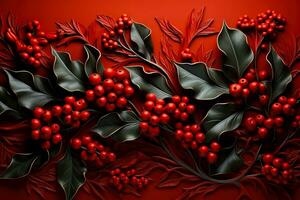 A close-up shot of intricately designed holly leaves with low relief against a festive red background providing empty space for text photo