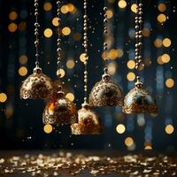 A collection of golden bell ornaments hanging on a glittery gradient background radiating elegance and festive cheer photo