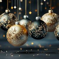 Festive ornaments in gold and silver with intricate low relief designs glimmering on a gradient background photo